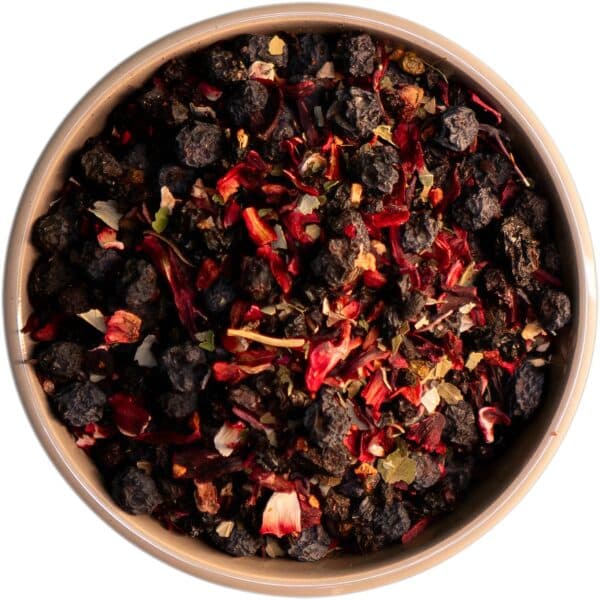 Bio Beerenschmaus Früchtetee mit Hibiskusblüten, Holunderbeeren, Aroniabeeren, Himbeeren, Erdbeeren und einem Hauch von Cassis – ein vollmundiger, fruchtiger Genuss aus kontrolliert biologischem Anbau