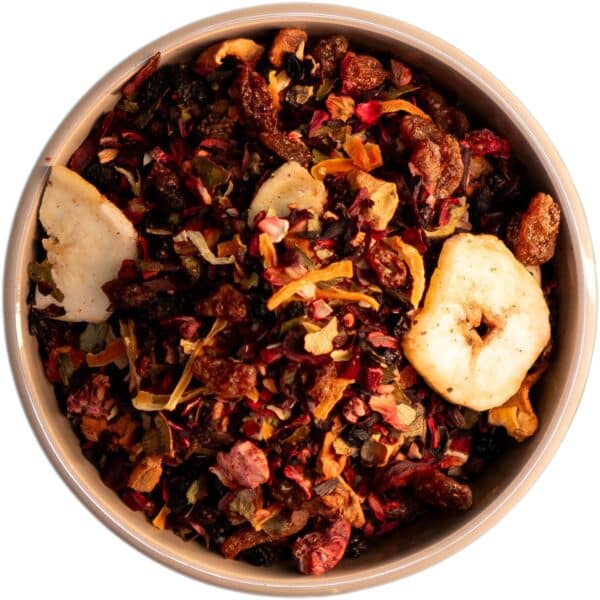 Vielfältiger Bio Früchtetee Fruchtkörbchen mit Himbeeren, Holunderbeeren, Ananas-Chips, Sanddornbeeren, Kirschen und Zitronenmyrte