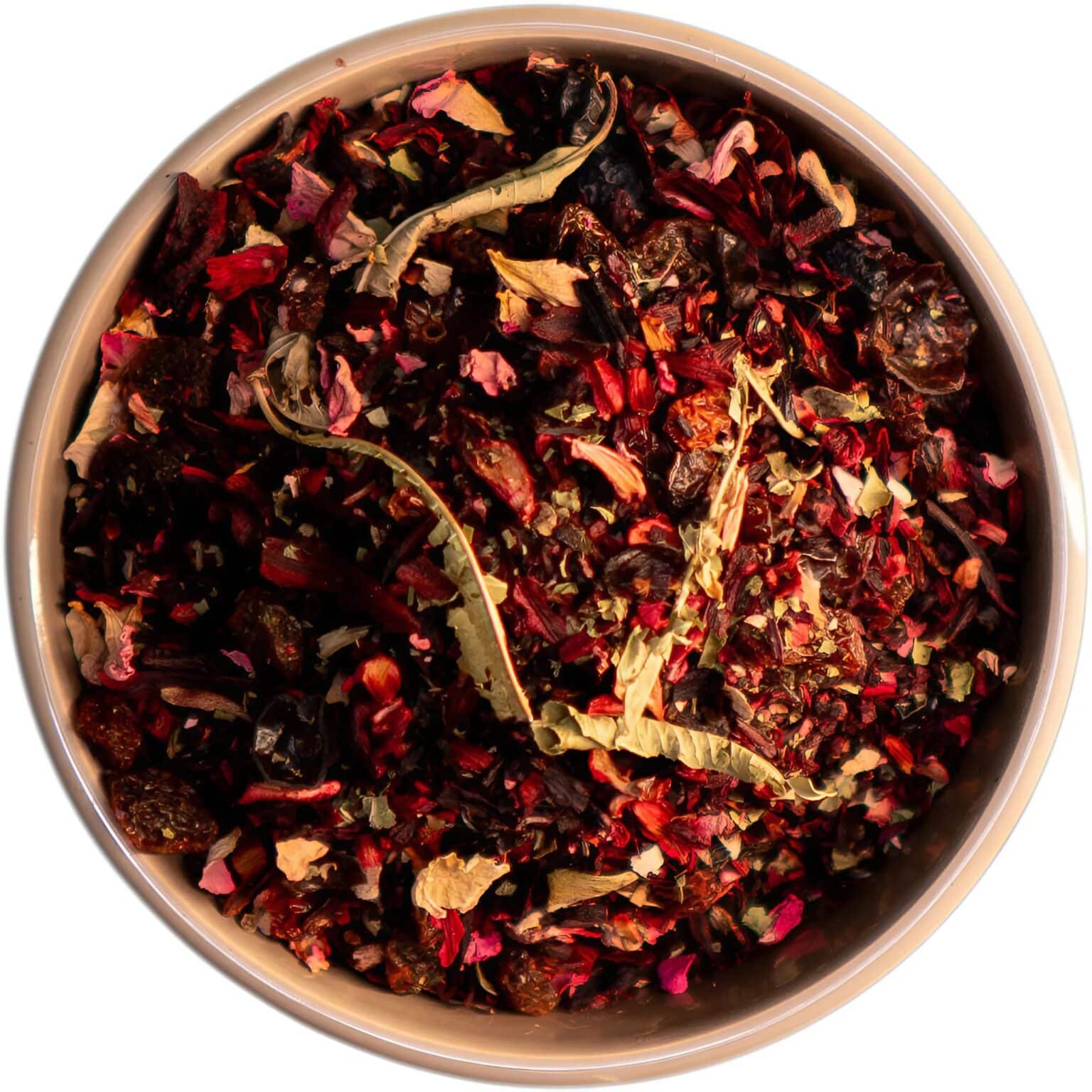 Bio Hibiskus-Cassis Früchtetee mit Hibiskusblüten, schwarzen Johannisbeeren, Aroniabeeren, Zitronenverbene und Rosenblütenblättern, eine erfrischende und spritzig-frische Mischung