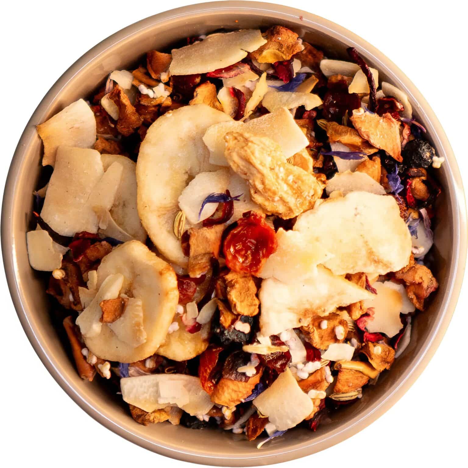 Bio-Früchtetee Kokos Kuss mit Ananas, Kokosnuss, Bananenchips, Aroniabeeren und Kornblumenblüten für ein tropisches Sommererlebnis aus kontrolliert biologischem Anbau