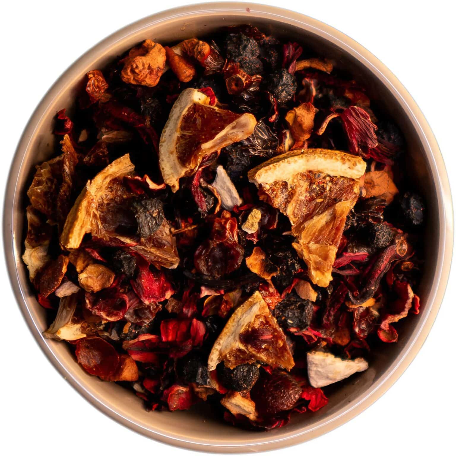 Exklusiver Bio Sonnenfrüchte Früchtetee mit Aroniabeeren, roten Beeren, Bourbon-Vanille und Tonka für ein besonders fruchtig-cremiges Geschmackserlebnis.