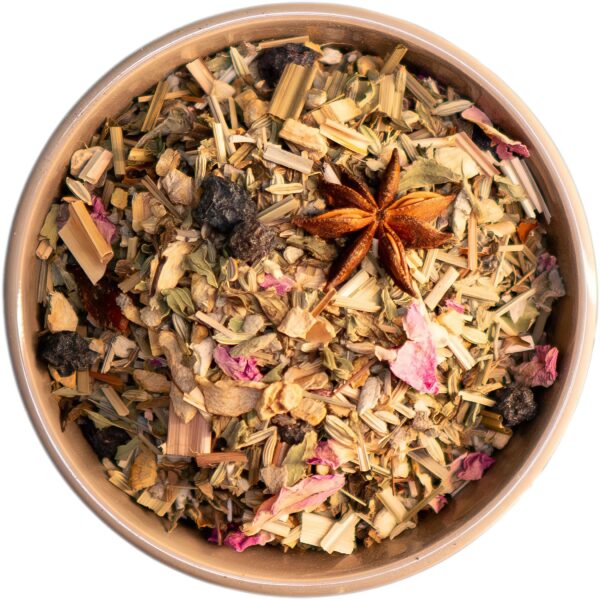Bio Ingwer Aronia Tee mit Aroniabeeren, Ingwer, Süßholz und Minze – eine vitalisierende, antioxidative Kräuterteemischung aus biologischem Anbau
