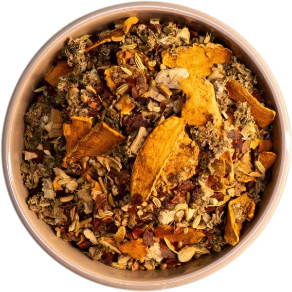 Bio Kurkuma Gold Kräutertee mit Kakaoschalen, Kurkuma, Ingwer, Fenchel, Anis, Vanille und Tonka – eine mild-würzige, goldene Teemischung aus kontrolliert biologischem Anbau