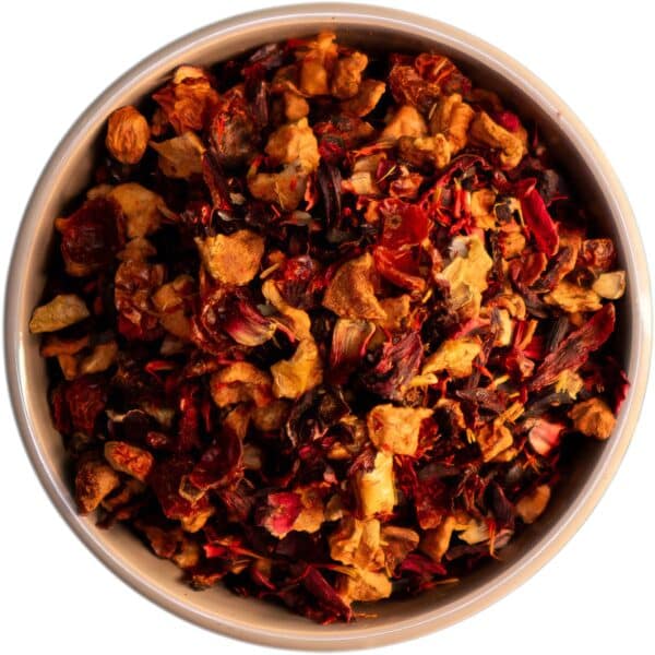 Früchtetee Blutorange mit Apfelstücken, Hibiskusblüten, Hagebuttenschalen, Färberdisteln und natürlichem Blutorangenaroma für ein fruchtig-spritziges Geschmackserlebnis