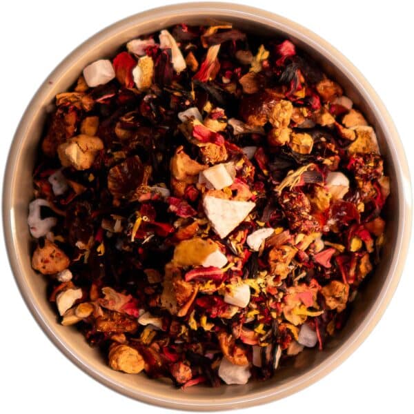 Früchtetee Himbeer Granatapfel mit Apfelstücken, Hibiskus, Hagebutte, Mango, Granatapfel, Himbeeren und Rosenknospen für ein fruchtig-süßes Sommererlebnis