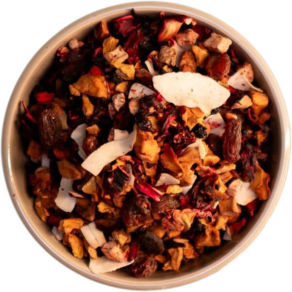 Exotischer Himbeer Kirsch Früchtetee mit Bananen, Kokoschips, Rosenblüten und fruchtigen Noten von Himbeeren und Kirschen