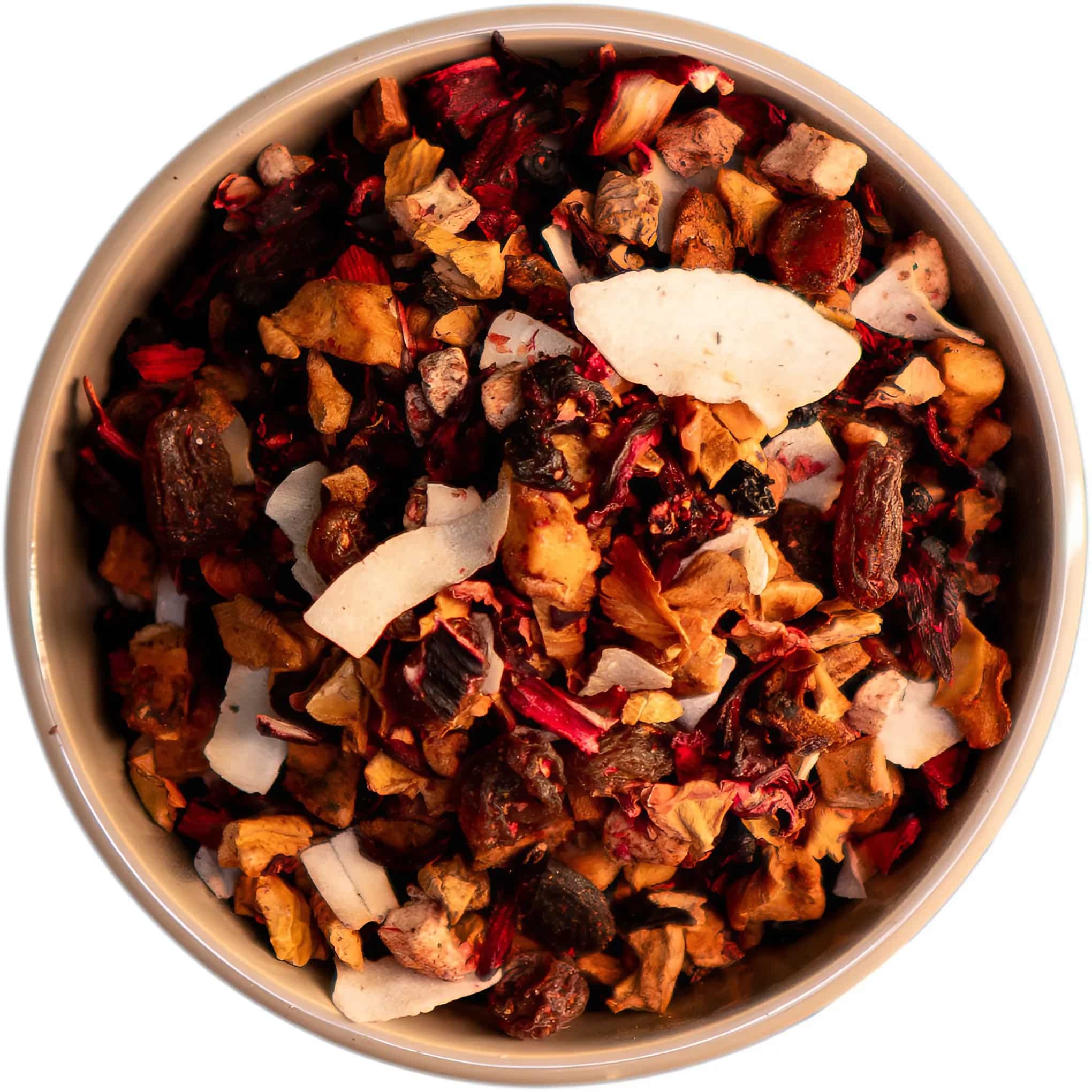 Exotischer Himbeer Kirsch Früchtetee mit Bananen, Kokoschips, Rosenblüten und fruchtigen Noten von Himbeeren und Kirschen