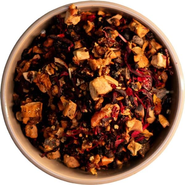 Früchtetee Holunderwunder mit rotem Weinbergpfirsich, Holunderblüten, Apfelstücken, Hibiskus und Hagebutte für ein aromatisches und erfrischendes Geschmackserlebnis