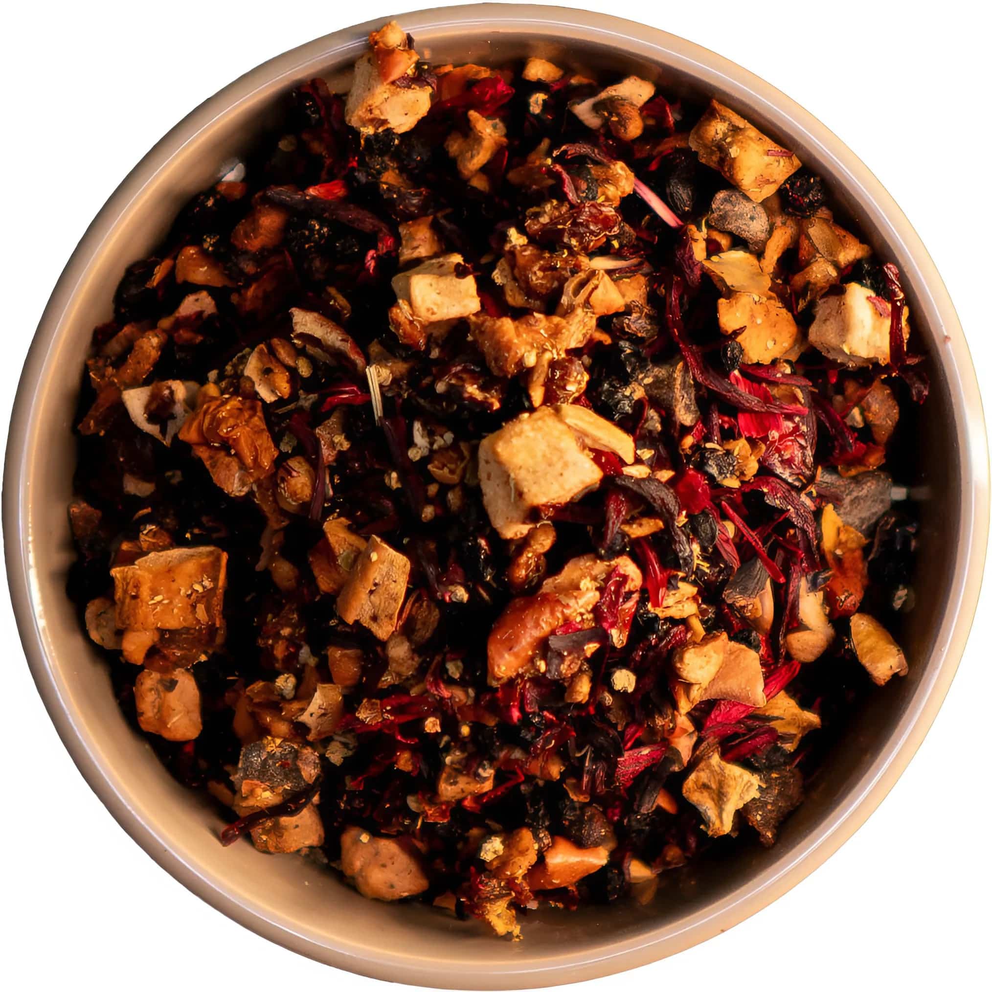 Früchtetee Holunderwunder mit rotem Weinbergpfirsich, Holunderblüten, Apfelstücken, Hibiskus und Hagebutte für ein aromatisches und erfrischendes Geschmackserlebnis