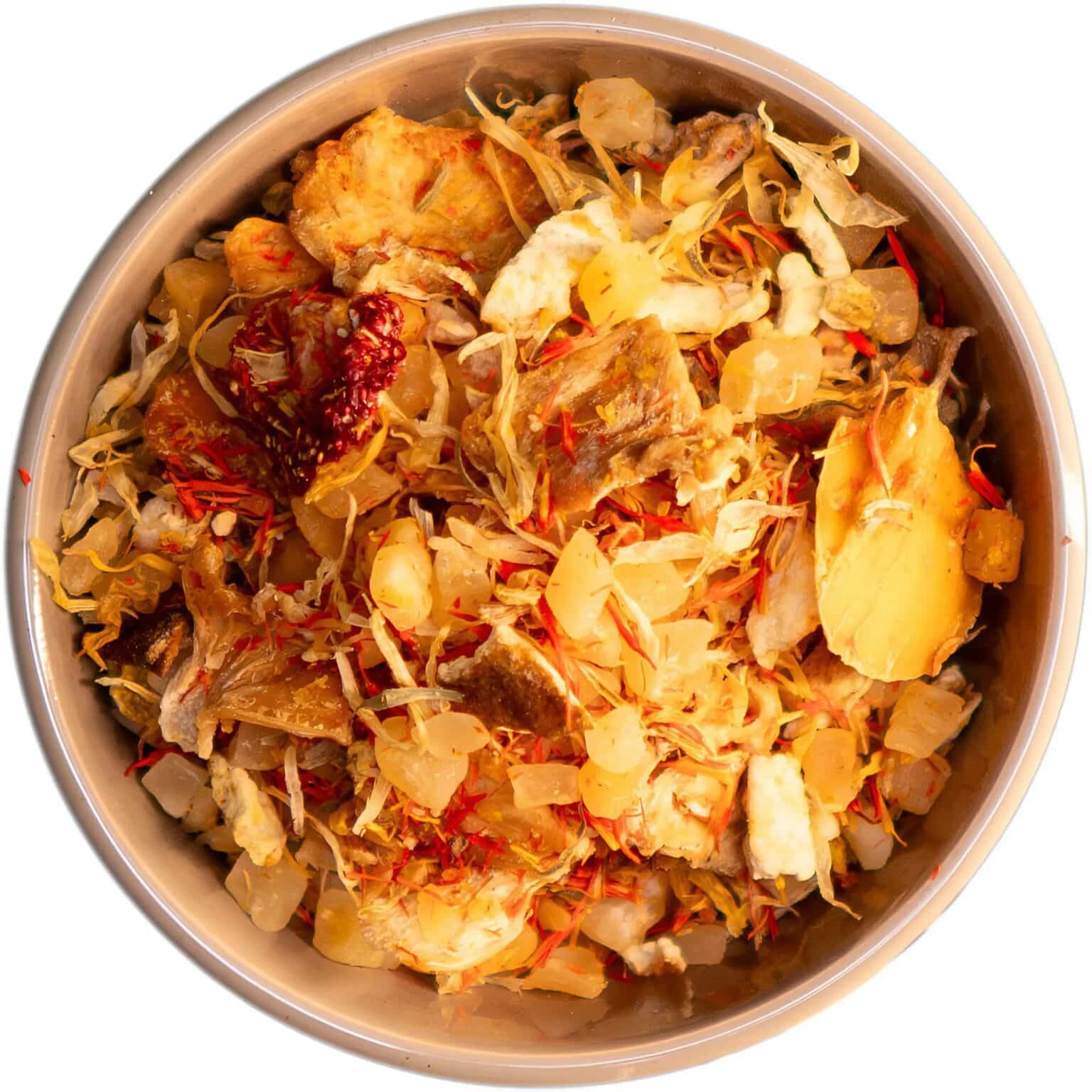 Tropischer Mango 'n Friends Früchtetee mit Ananas, Mango, Orangenspalten, gefriergetrockneten Mandarinorangenstücken und Erdbeerscheiben, perfekt für Eistee und ein unverwechselbares Geschmackserlebnis.