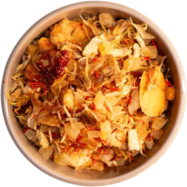 Tropischer Mango 'n Friends Früchtetee mit Ananas, Mango, Orangenspalten, gefriergetrockneten Mandarinorangenstücken und Erdbeerscheiben, perfekt für Eistee und ein unverwechselbares Geschmackserlebnis.
