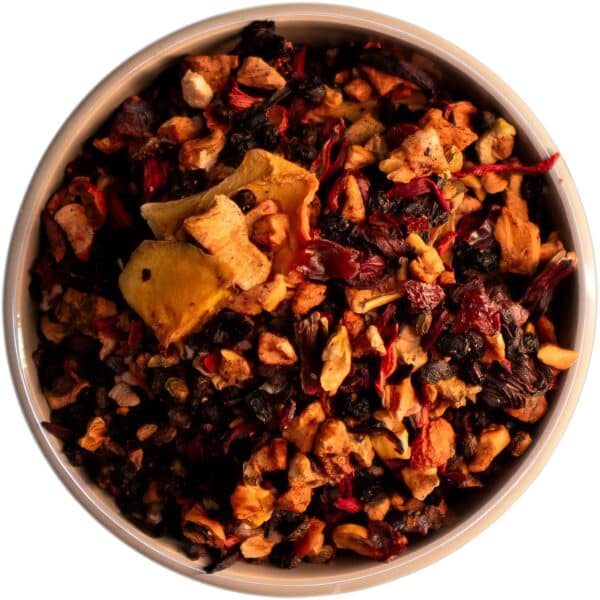 Exotischer Mango Maracuja Früchtetee mit Mangoflocken, Maracujagranulat, Hibiskusblüten, Apfelstücken und Hagebuttenschalen, ein fruchtiger Klassiker mit tropischen Aromen