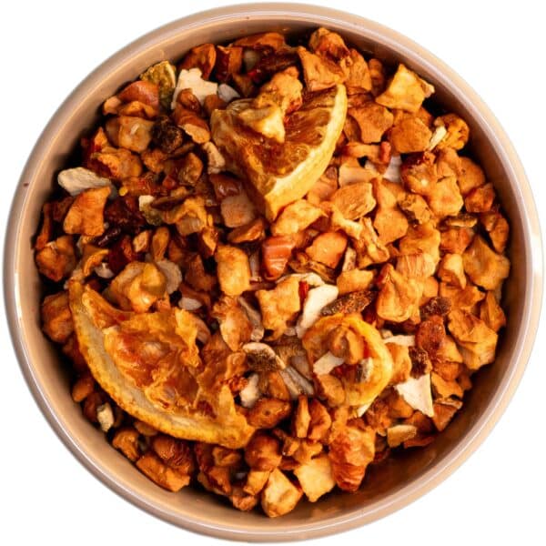 Erfrischender Früchtetee Sonniges Gemüt mit Physalis, Orangenschalen und Apfelstücken, für exotische Momente in jeder Tasse.