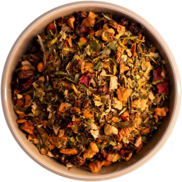 Entspannt und Fit – Kräutertee mit Apfel, Pai Mu Tan (weißer Tee), Sanddorn, Orangenschalen, Melisse und Erdbeeren für Vitalität und Entspannung
