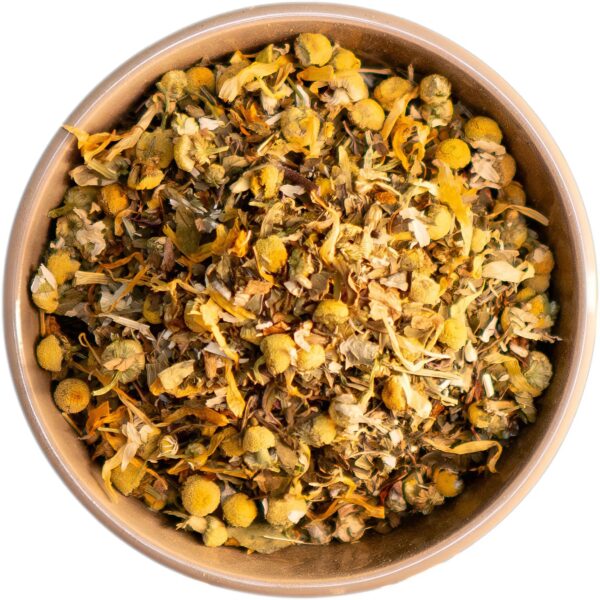 Magenschmeichler Tee – beruhigende Kräutermischung mit Kamille, Pfefferminze, Schafgarbe und Ringelblume. Sanft und wohltuend für den Magen