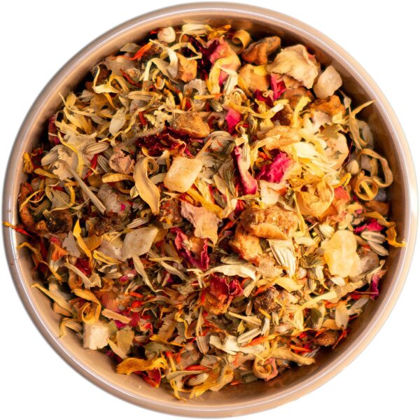 Sonnenkräuter Tee – erfrischende Kräutermischung mit Ananas, Mango, Fenchel, Melisse und duftenden Blüten. Fruchtig-leicht für sonnige Momente