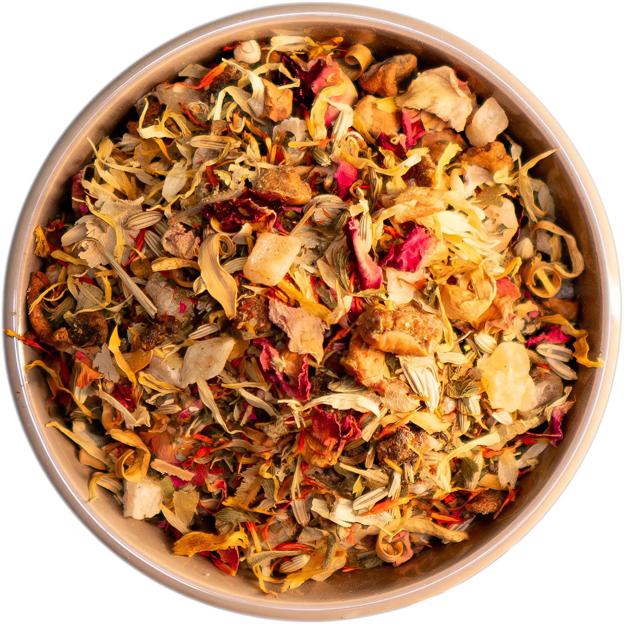 Sonnenkräuter Tee – erfrischende Kräutermischung mit Ananas, Mango, Fenchel, Melisse und duftenden Blüten. Fruchtig-leicht für sonnige Momente