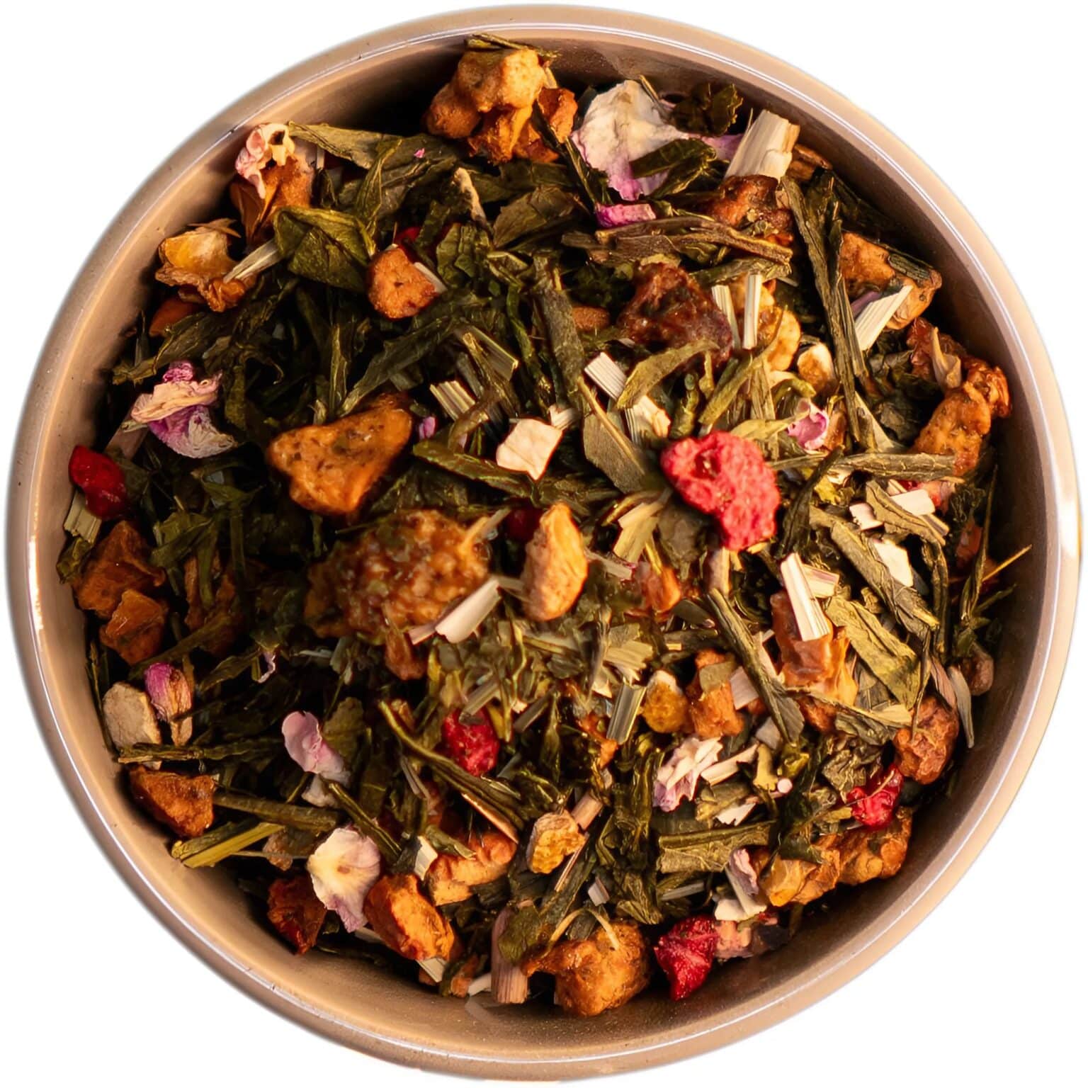 Beerenbande Bio-Grüntee – Eine fruchtig-blumige Mischung mit Himbeer-, Brombeer- und Maulbeeraromen, Orangenschalen, Apfel, Zitronengras und Rosenblüten