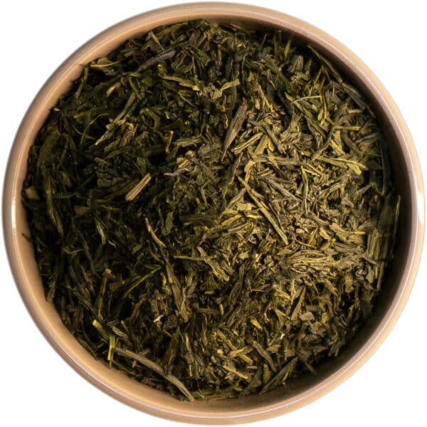 Japanischer Bio-Sencha-Grüntee aus Kagoshima – dunkelgrüne, flach gewalzte Blätter mit zartem, samtigem Geschmack und intensivem Umami-Charakter