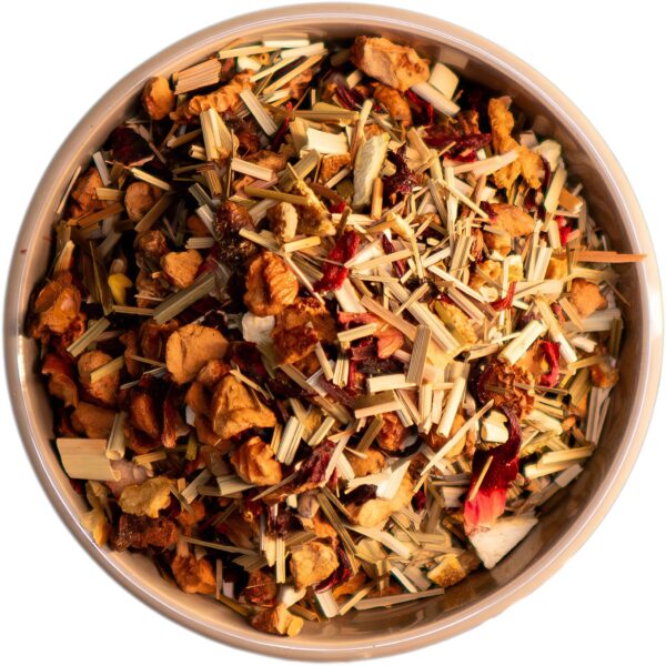 Bio Früchtetee mit kaltgepressten Ölen von Zitrone, Bergamotte, Limette und Lemongras, eine spritzig-belebende Mischung aus mediterranen und exotischen Aromen.