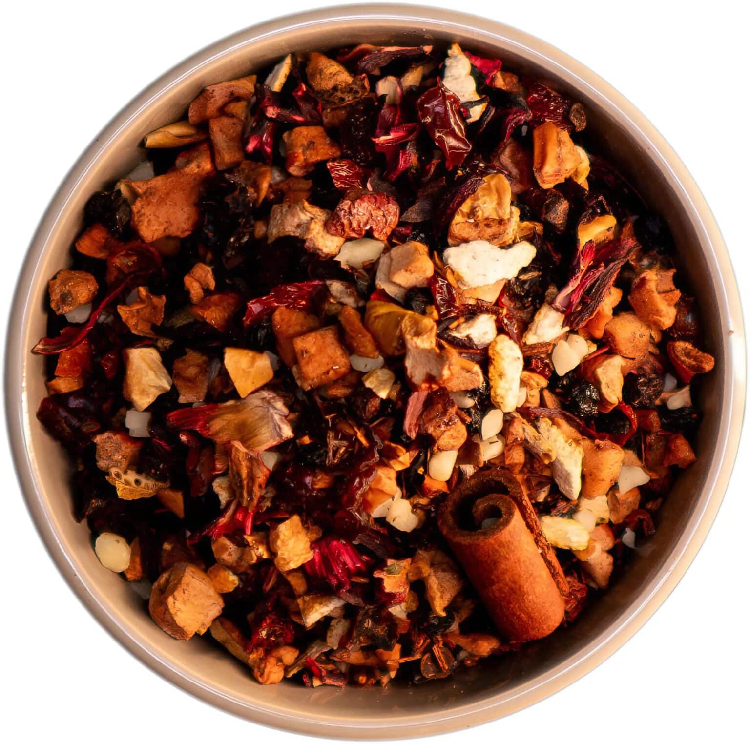 Früchtetee Kaminträume mit harmonischer Mischung aus fruchtigen Aromen und dezenter Gewürznote, ideal für gemütliche Abende und Wohlfühlmomente