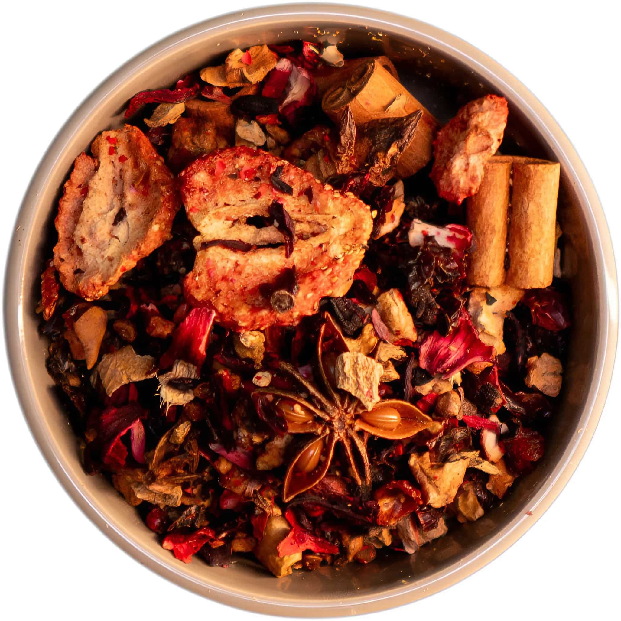 Früchtetee Weihnachtsbeerchen mit winterlichen Beeren, Zimt und einem Hauch von Vanille, perfekt für die Festtage.