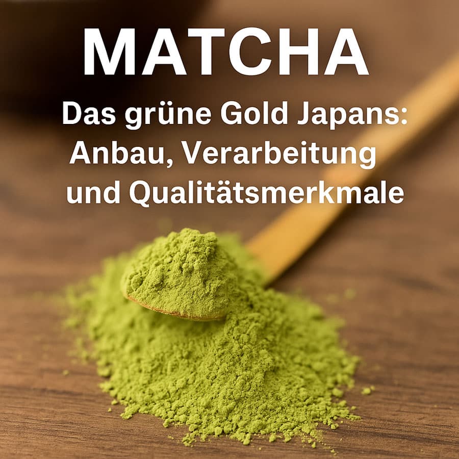 Nahaufnahme von leuchtend grünem Matcha-Pulver auf Holz, mit Bambuslöffel. Überlagert von Text: 'MATCHA – Das grüne Gold Japans: Anbau, Verarbeitung und Qualitätsmerkmale