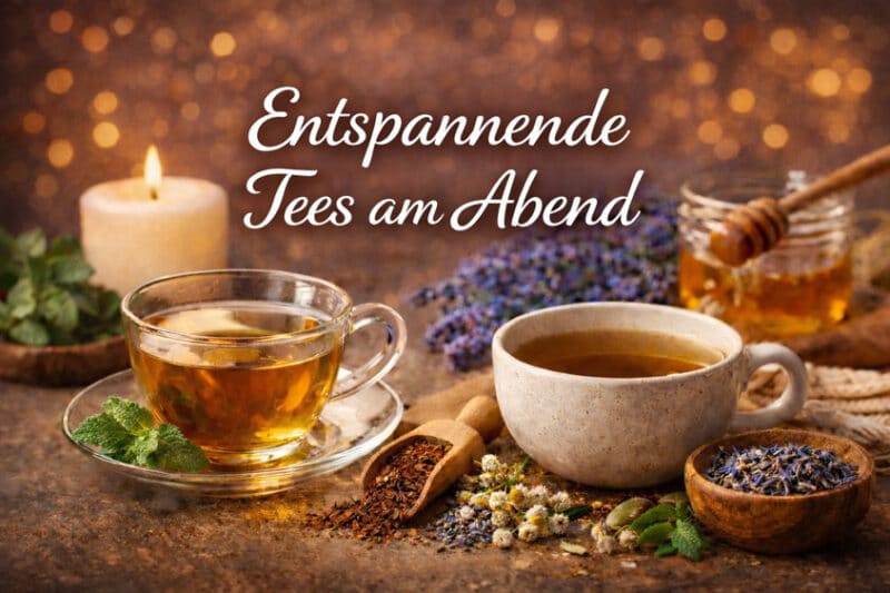 Entspannende Tees am Abend mit Kräutertee in Glastasse und Kerzenschein in gemütlicher Atmosphäre