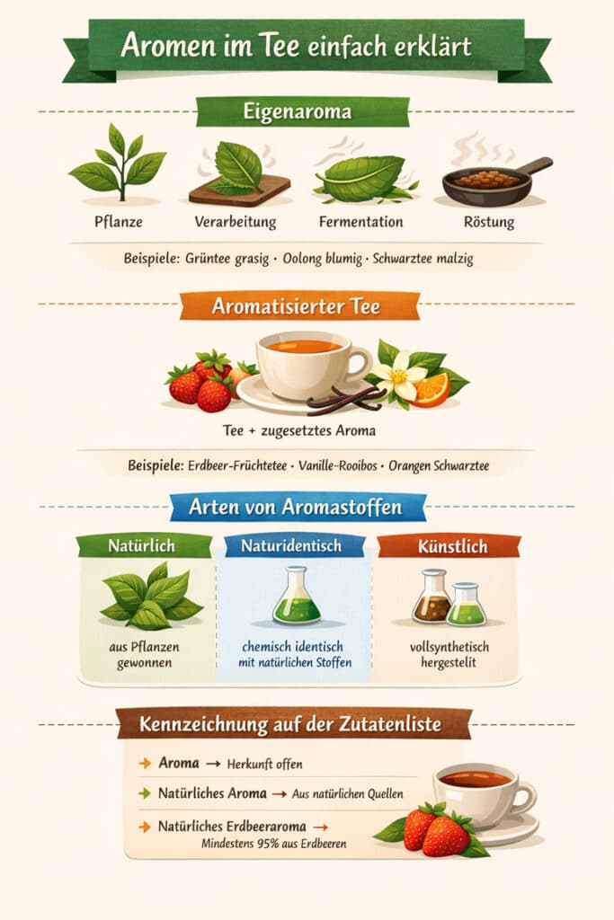 Infografik: Unterschied zwischen Eigenaroma, aromatisiertem Tee und verschiedenen Aromastoffen