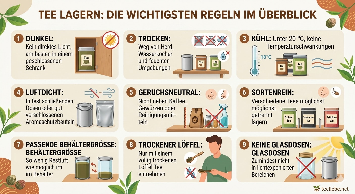 Infografik zur richtigen Lagerung von Tee mit 9 Tipps in einem modernen, hellen Design mit Grün- und Brauntönen