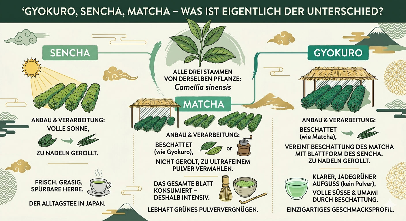 Der Unterschied zwischen Sencha, Matcha und Gyokuro