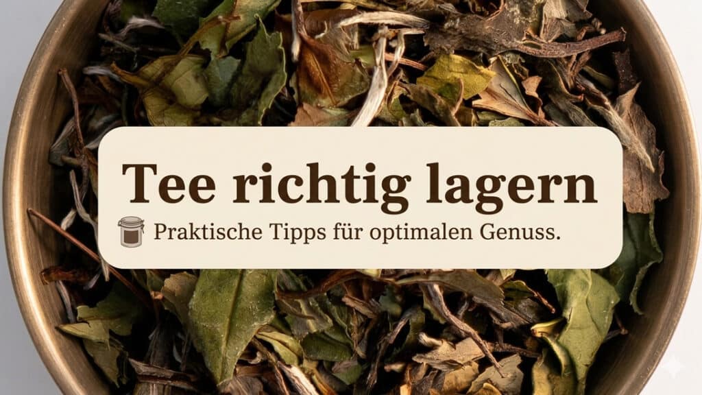 Nahaufnahme von hochwertigen, losen, getrockneten Teeblättern in einer kupferfarbenen Schale. Ein beiges Textfeld in der Mitte enthält den Titel "Tee richtig lagern" in großer brauner Schrift und darunter den Untertitel "Praktische Tipps für optimalen Genuss.", begleitet von einem kleinen Teedosen-Icon