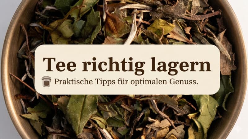 Nahaufnahme von hochwertigen, losen, getrockneten Teeblättern in einer kupferfarbenen Schale. Ein beiges Textfeld in der Mitte enthält den Titel "Tee richtig lagern" in großer brauner Schrift und darunter den Untertitel "Praktische Tipps für optimalen Genuss.", begleitet von einem kleinen Teedosen-Icon