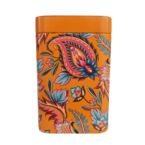 Eigenart Teedose Fireflower in Orange mit Paisley-Muster, eckige Vorratsdose 100 g für losen Tee