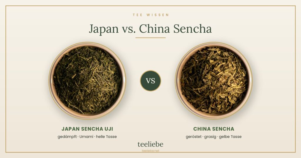 Zwei Schalen Grüntee im Vergleich: links dunkelgrüner Japan Sencha Uji, rechts heller China Sencha – Beitragsbild von teeliebe
