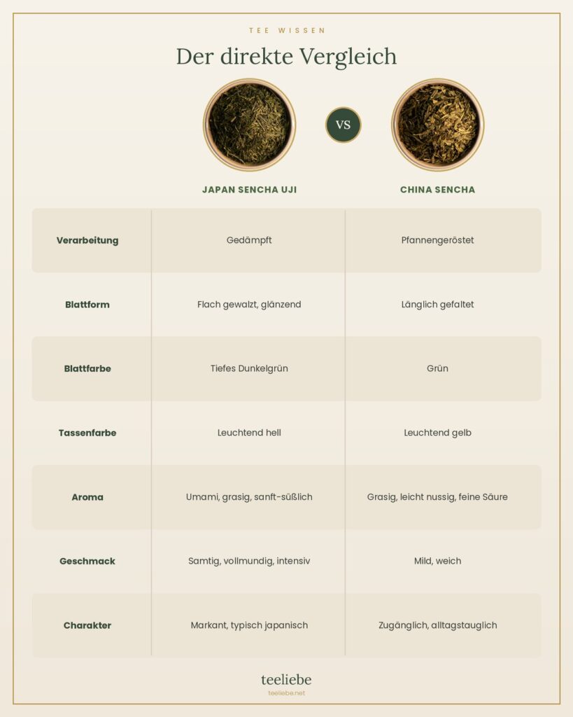 Vergleichstabelle Japan Sencha und China Sencha: Verarbeitung, Blattform, Blattfarbe, Tassenfarbe, Aroma, Geschmack und Charakter im Überblick – Infografik von teeliebe